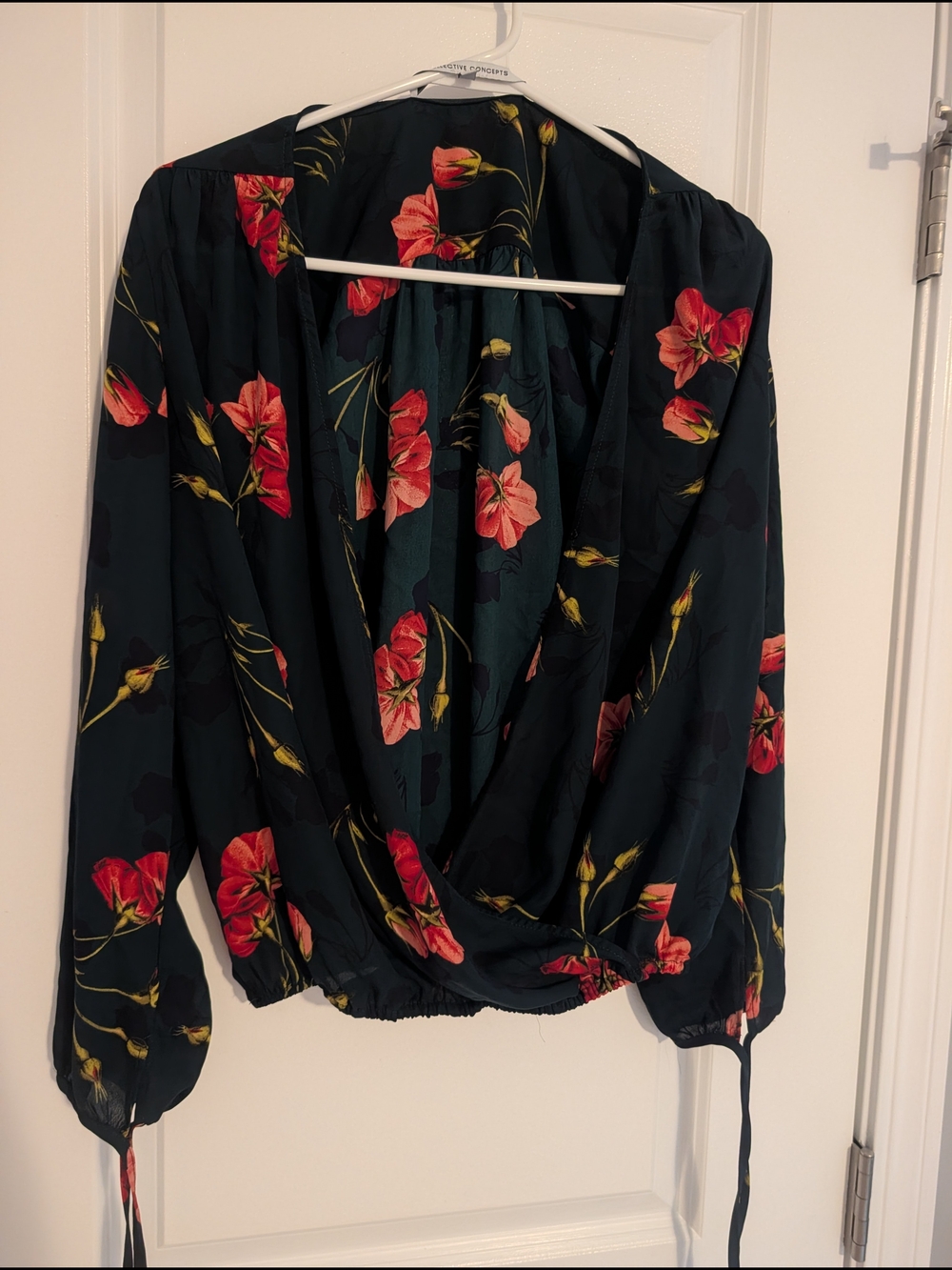 Collective Concepts Black Floral Surplice Blouse with Red Flowers